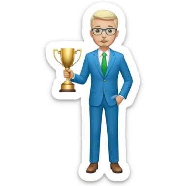 Full Body white fat male  wearing glasses with a goatee with light blonde gray very short hair basketball head Coach in blue and green suit holding trophy sticker