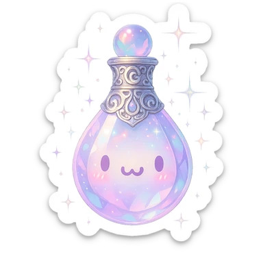 luxurious crystal elixir bottle in the shape of a drop with a cute 'UwU' face, pastel color, ornate silver and iridescent details, magical glowing and sparkling effects, very small neck, seamless bottom, transparent background, bottle clearly floating in air, no base or shadow, modern, collection style sticker