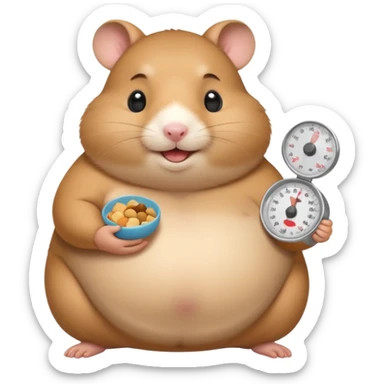 fat hamster holding pregnant belly smiling holding a tiny food scale sticker