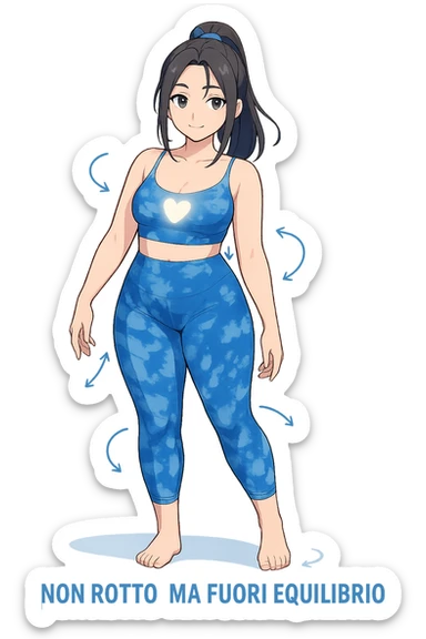 stile manga a woman stands in a relaxed pose, with a gentle, confident expression. Her body is shown with subtle, curved lines or arrows indicating areas of imbalance (such as a slight tilt in the shoulders or hips), but no signs of injury or damage. A soft glow or heart symbol at her core emphasizes resilience and the message “Non rotto, ma fuori equilibrio” The background is clean and clinical, with light blue tones. sticker