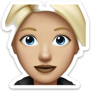 a woman with freckles, blue eyes, light skin, blonde hair and dark roots, pink lips. black clothes. sticker