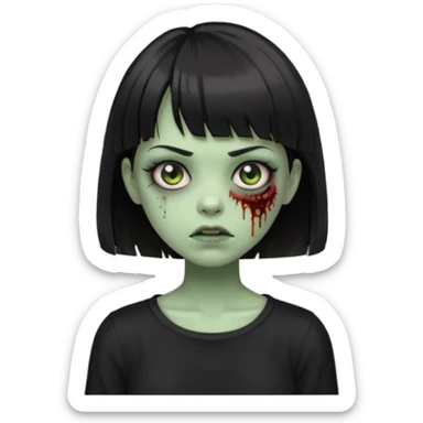 Zombie girl emoji verde com cabelo curto liso preto no ombro e franja na altura da sobrancelha com uma blusa preta sticker