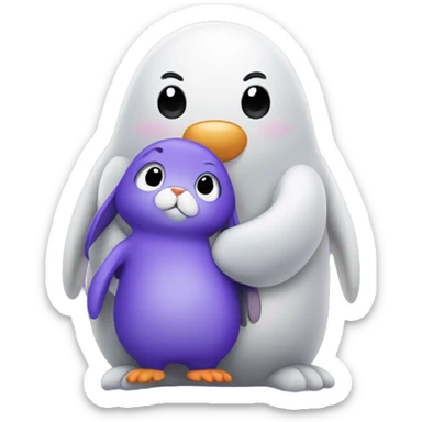 Purple bunny with floppy ears hugging a penguin sticker