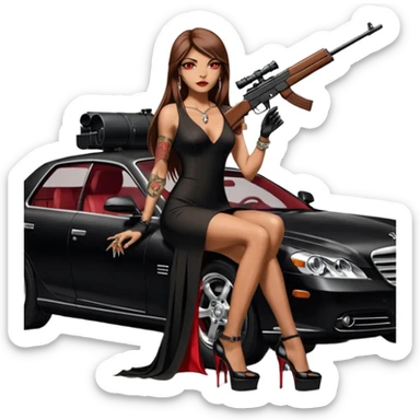 Lilith tan skin female red eyes symbol. Tattoo arms. Her hair is brown straight long hair.wearing sexy long sexy Chanel dress with slit. black stiletto thick platform high heels shoes on. Sitting on giant luxury car with cash inside . She is holding a sniper rifle in one hand cash in other hand sticker