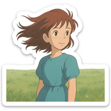 young girl with wind-blown hair standing in a field, ghibli style sticker
