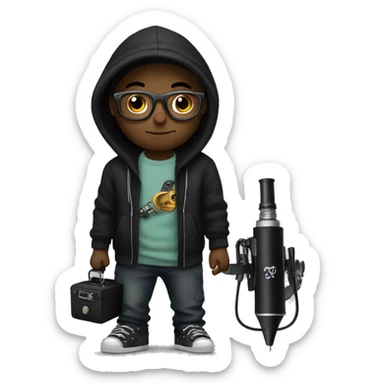 black cap, black hoodie and glasses boy  holding an tattoo machine sticker