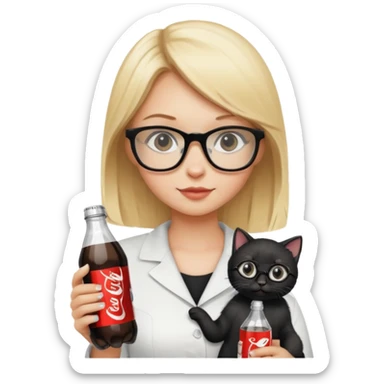 Beautiful blonde girl with glasses holding a black kitten in one hand and Diet Coke bottle in the other  sticker
