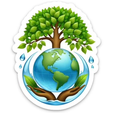 An icon featuring a tree, a recycling symbol, and a globe, representing ecology. The design includes green leaves, a water droplet, and wildlife, symbolizing the study of ecosystems, sustainability, and environmental protection. Transparent background. sticker