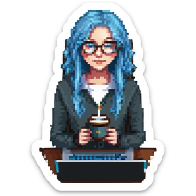 A girl with blonde hair and blue hair wearing glasses holds a laptop and a glass of coffee sticker