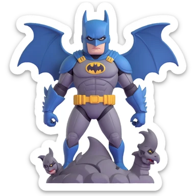 Batman in tactical armor suit with pointed ears, standing on gargoyle sticker