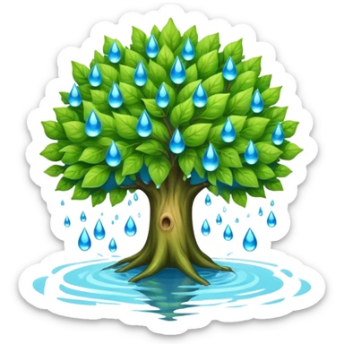a leafy green tree with its crown bursting into blue water drops, no fire or smoke sticker
