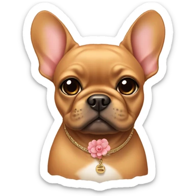 A caramel color frenchie with a collar in shape of a flower sticker