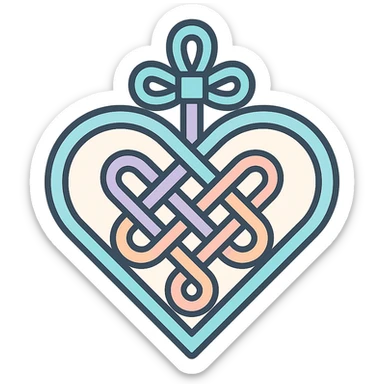 Chinese happiness knot in heart shape, icon-color-outlined style, detailed shadows and highlights, thin clean outlines, soft rounded shapes, pastel palette #98B5BC, #B5B3C1, #C9A3C9, #E4C0CA, #F7DCD1, #F7C0AA, modern Japanese pop art and sticker aesthetic, high detail, vector sharpness, soft lighting, transparent background sticker