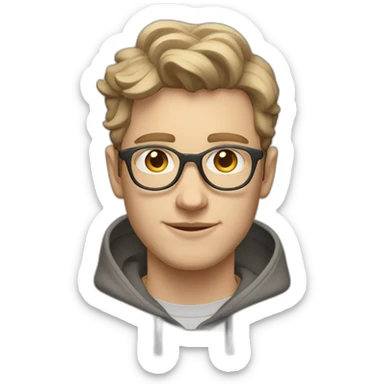 young white guy with short wavy hair and a fade in light brown color and rounded silver glasses with a grey hoodie on sticker