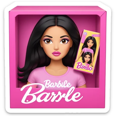  beautiful tan chola  latina that is inside a barbie doll box with thick  black hair wearing a   shirt with words Bimbo shes has big huge thick lips and thick eyelashes fat lips full of lip filler. sticker