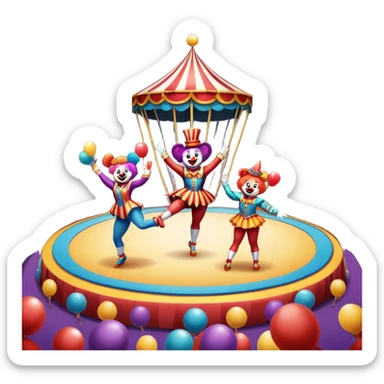 Icon for Circus Arts: a grand vibrant circus arena with girls acrobats, a clown, and performing bears. The icon should capture the excitement and energy of the circus, with colorful costumes and a lively atmosphere. Transparent background. sticker