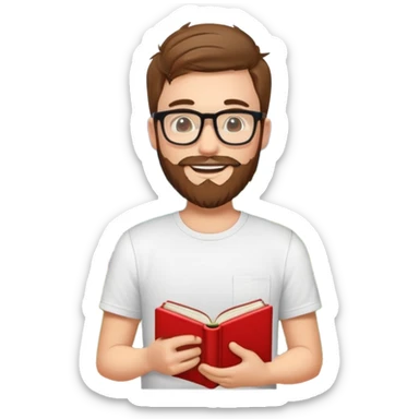 cheerful young man with glasses, beard, white t-shirt, holding a red book, surrounded by emoji-style icons for mountain biking, coding, hiking, climbing, sleeping, and nature sticker
