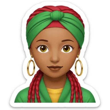 Non-portrait Jayci-vibe emoji, 1024 PNG, transparent. Headwrap (muted R-G-G), hoops, locs hint; soft smile, golden inner glow + faint heart aura. Embed: first-love, roots calm, playful grace, protective joy, consent. sticker