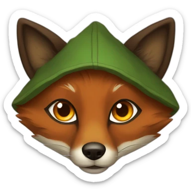 a small dark brown fox with orange eyes with a dark green hood that smile sticker