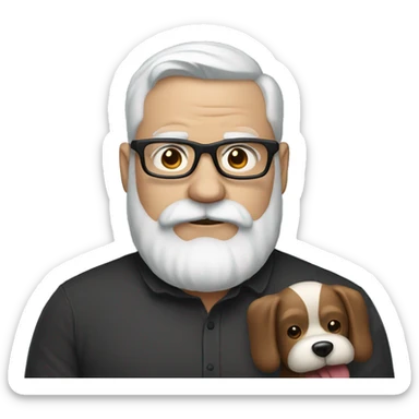 Heavy white dad, with a big brown beard and black rectangle glasses and brown hair holding a balloon dog sticker