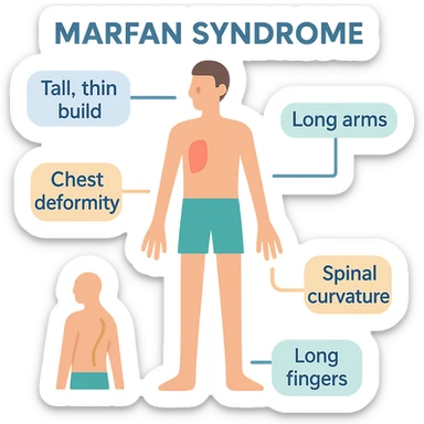 colorful educational graphic showing Marfan syndrome physical features: tall thin build, long arms, long fingers, chest deformity, and spinal curvature, with labeled callouts, suitable for general audience sticker