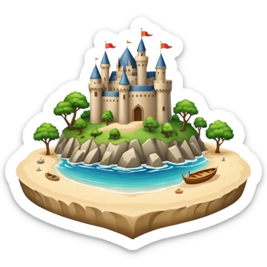 A huge island with trees boats and sand in the middle there is a huge beautiful castle sticker