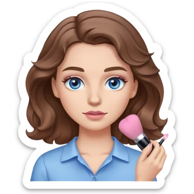 White girl with wavy brown hair and blue eyes and a light pink shirt putting makeup on sticker