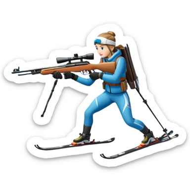 An icon showing a snowy landscape with pine trees, mountains, and a clear sky with a biathlete aiming a rifle in the foreground, wearing winter gear and skis. Transparent background emphasizes the precision, endurance, and beauty of this winter sport. sticker