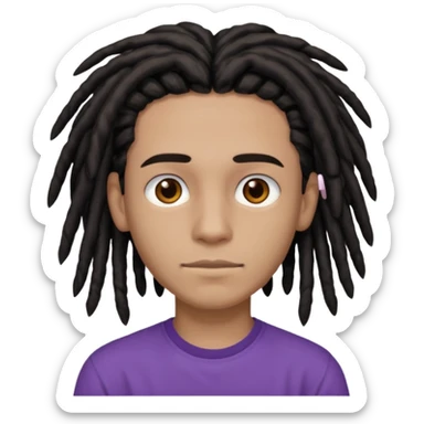brown teen with black dreads in a middle part with brown eyes and a small faint mustache and purple shirt sticker