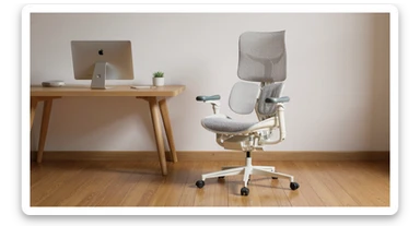 Editorial shot, Make this chair next to desk with mac setup, wooden modern floor, minimalistic room, contrast chair to wall, chair standing front to camera, soft bright light in room sticker
