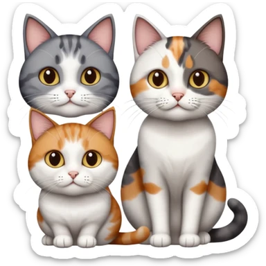 3 different coloured short haired cats including; a dark brown tabby and white cat, and a dark grey and white  sticker