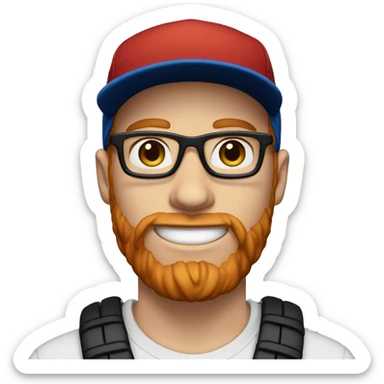 30 year old male male with red hair, glasses, black baseball hat, blue eyes, pale complexion, and a beard sticker