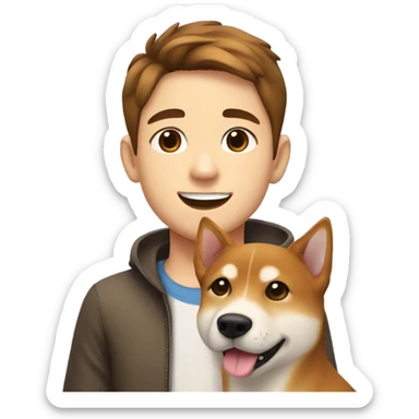  boy with brown hair with brown eyes and wide brows 12 years smiling and hugging dog shiba inu  sticker