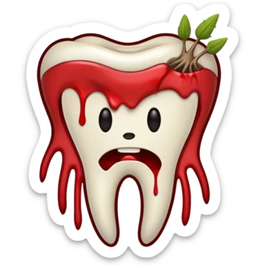 Minimalist emoji-style sticker of a pulled tooth with roots and a smear of blood at the base. Black and desaturated red colors. Flat, clean outline on white.
 sticker