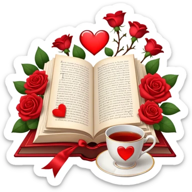 Icon for Romance Reading: an open book with a heart-shaped bookmark, surrounded by roses, a love letter, and a cup of tea, with small hearts and Cupid with bow and arrows flying out of the pages. Transparent background. sticker