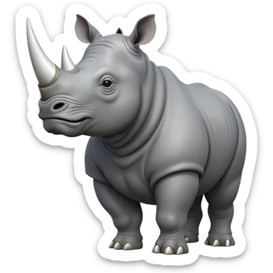 cinematic-rhino-full-body-standing-emoji,white horn, slate grey skin -massive-body-poised-powerfully,-thick-horn-curving-slightly-forward,-head-tilted-dramatically,-rough-grey-hide-covered-in-dust,-simplified-focused-features, sticker