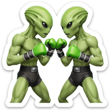 two aliens boxing in a fight stance, facing each other with raised gloves, dynamic action pose, intense expressions, sci-fi arena vibe, 3D cartoon style, mobile game icon style, clean background, no text, no watermark
 sticker