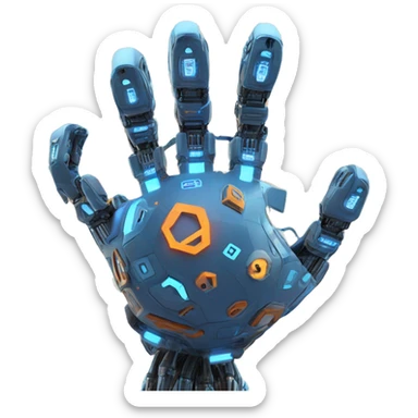 "Earth held by a futuristic robotic hand, glowing with blue and orange digital lines, with a high-tech and futuristic atmosphere." sticker
