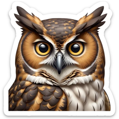 Cinematic Noble Great Horned Owl Portrait Emoji, Poised and regal, with a commanding, broad build and a richly mottled plumage of grays, whites, and subtle browns, deep-set soulful golden eyes, Simplified yet sharp and sophisticated features, highly detailed, glowing with a soft, dignified glow, high shine, intelligent and enigmatic, stylized with an air of nocturnal majesty, focused and attentive, soft glowing outline, capturing the essence of a watchful and confident raptor, so majestic it feels as though it could silently swoop out of the screen with effortless authority! sticker