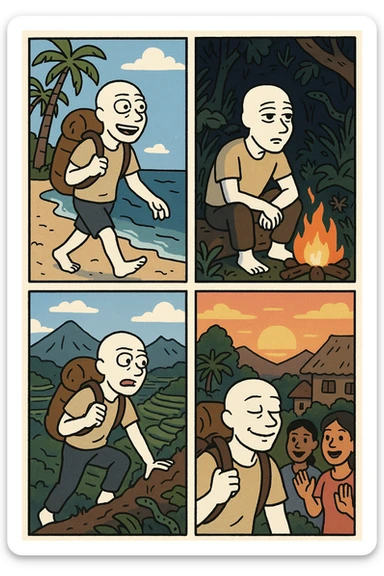 Create a wojak-style comic book with four panels, telling the story of a bali nomad's adventure sticker
