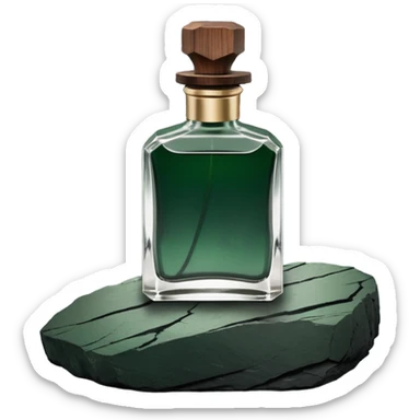 A masculine fragrance bottle featuring a gradient of deep forest green to charred black glass. The cap is made of dark walnut wood. The bottle is placed on a jagged piece of slate rock with a faint mist in the background. Earthy, moody, textured, photorealistic. sticker