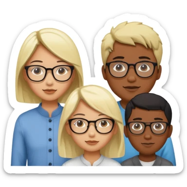 four people. Asian girl, black guy with glasses and dyed blonde hair, indian guy with glasses, asian guy sticker