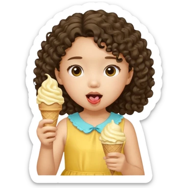 a little asian girl kid with curly hair, yellow dress, eat ice cream sticker