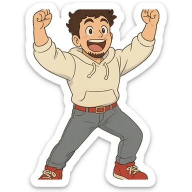 1 male, mid fade haircut dark chestnut brown curly hair, toasted lightskin, white hoodie sleeves up, gray fashion jeans, red fashion-sneakers shoes, red belt, short trimmed beard and goatee,  style of deku from "my hero academia",  doing a pose for a "happy" emote for twitch sticker