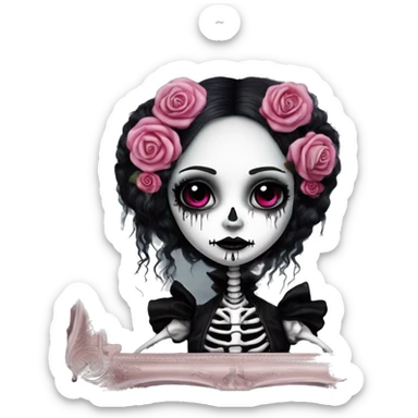 PINK LANDSCAPE PICTURE WITH FRAME: full body, hyper realism, full height skeleton, tim burton "corpse bride", thin porcelain doll with a cracked face, goth makeup watery eyes, long hair, lace and ruffles, lolita style, inked, black and white, red roses sticker