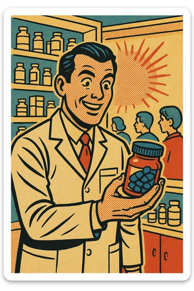 the full body of a A friendly modern day male pharmacist holding a jar of pills of  in his hand. In the background are shelves of other medications in the pharmacy with patients waiting to be served sticker