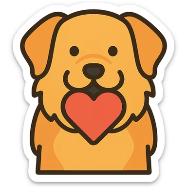 stylized icon of Golden Retriever and Chow Chow mix dog with a heart in its mouth, minimal lines, soft color palette, modern look sticker