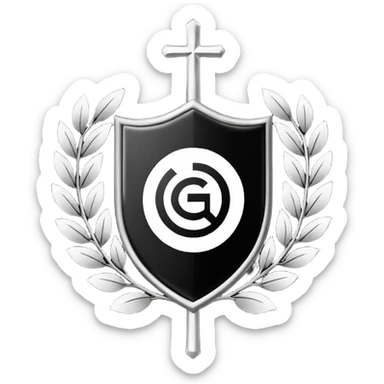 Es un escudo con forma clásica de heráldica, dividido en cinco franjas verticales alternadas en negro y blanco. En la parte superior tiene las siglas “GYE” y en la parte inferior el año “1908”. El diseño es simple, simétrico y con colores tradicionales blanco y negro. sticker