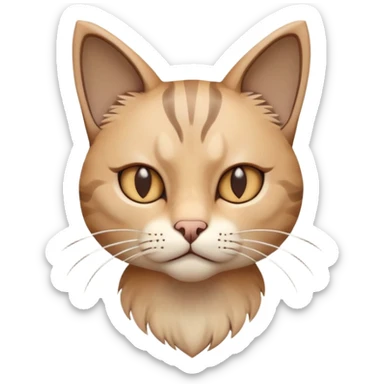 A cat with ears pinned back, showing fear or slight aggression, soft brown and beige fur, minimalist warm-toned background, calm but tense posture, gentle light, flat illustration or soft 3D style sticker
