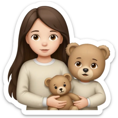Brunette little girl, long hair, white long sleeve, with beige bear sticker